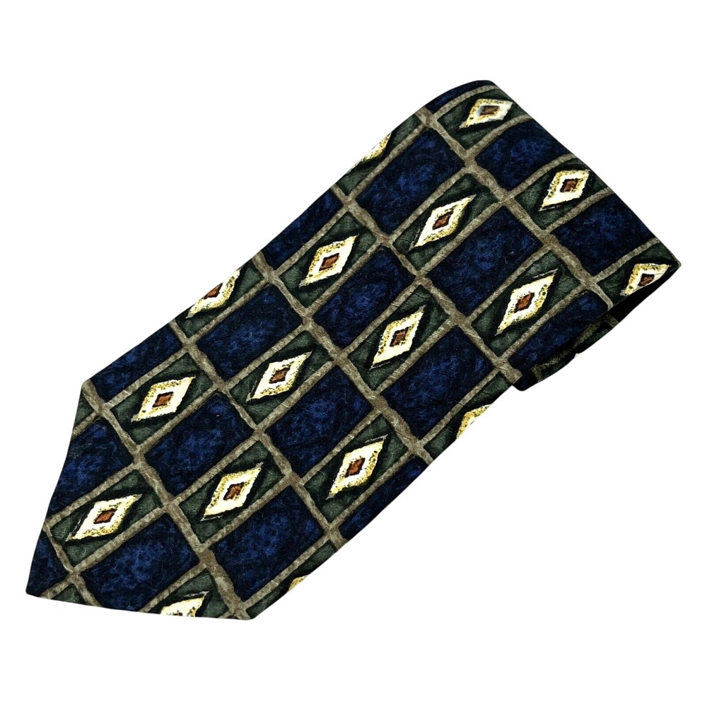 JZ RICHARDS Blue/Green DIAMONDS/SQUARES Hand Crafted 100% SILK Men's NECK TIE